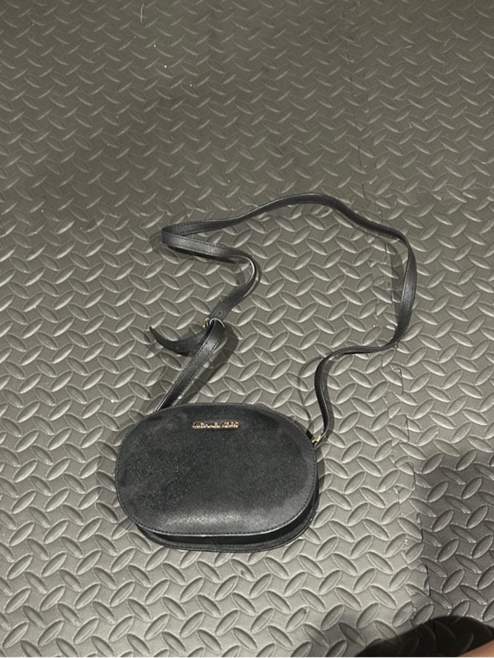 Michael Kors Black Oval Leather Crossbody with Gold Logo Accent